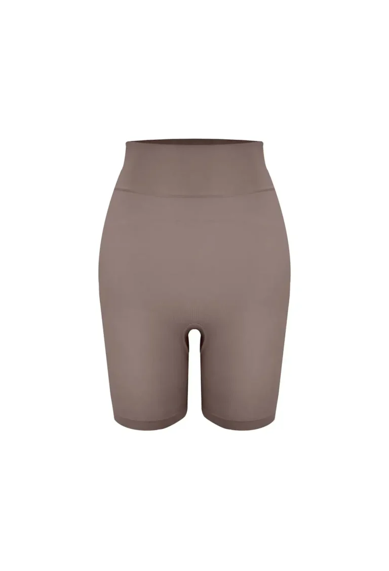 Cocoa thins Mid Waist Sculpting Short with high-waisted design and seamless compression fit on white background