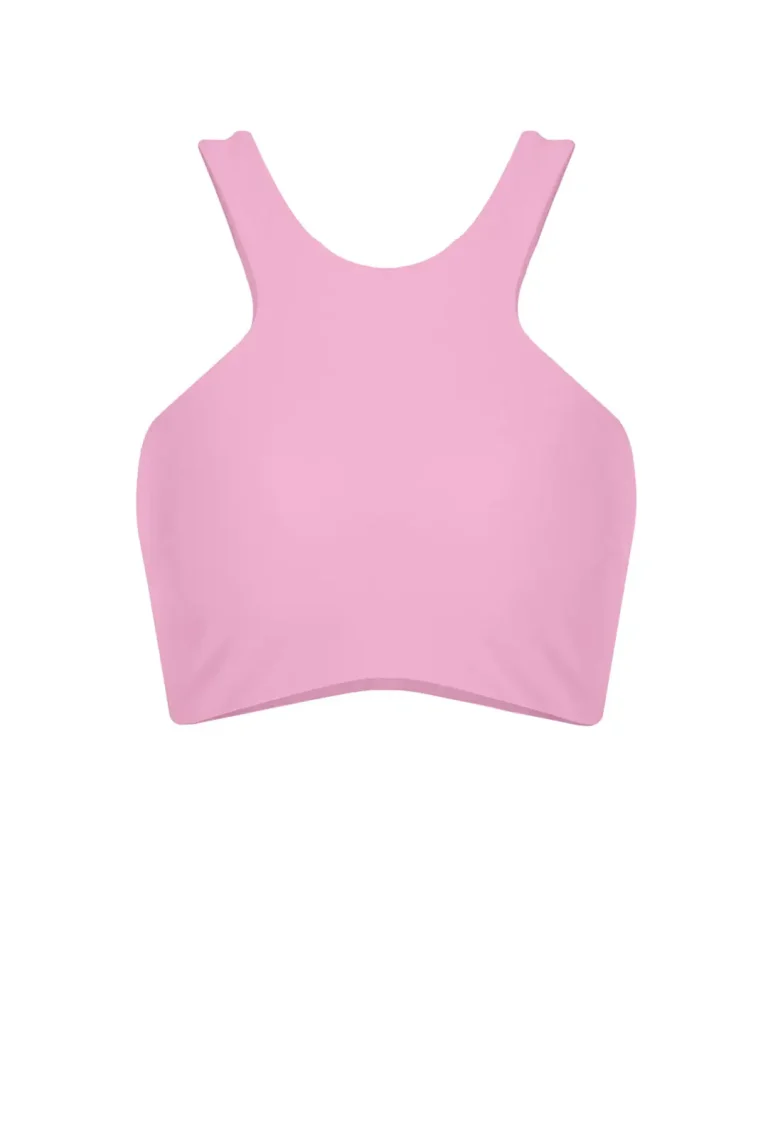 Product shot of Airy Y-neck Bra top in pink featuring unique Y-front construction and athletic styling