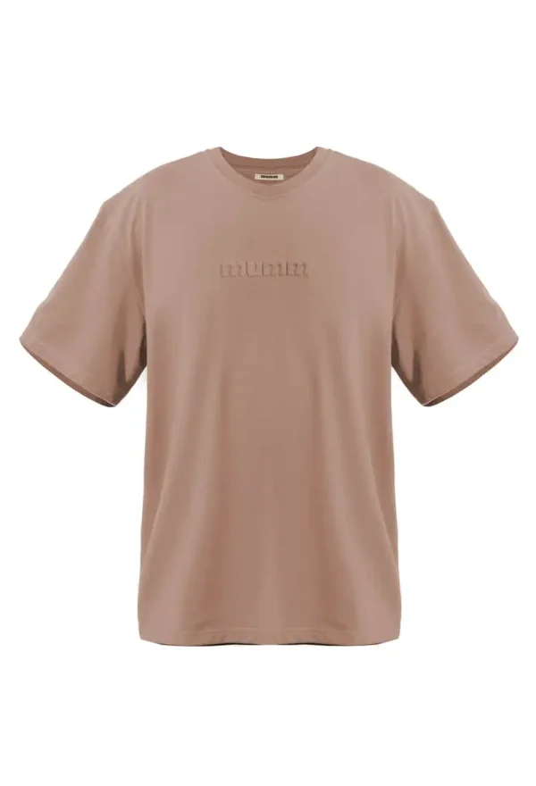 Sand recycled pet t-shirt with embossed logo and short sleeves