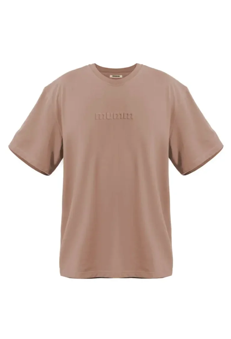 Sand recycled pet t-shirt with embossed logo and short sleeves