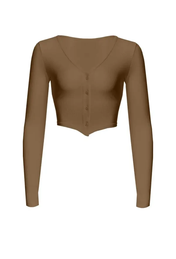 Shiitake cropped cardigan featuring v-neck design and button closure with fitted long-sleeve silhouette