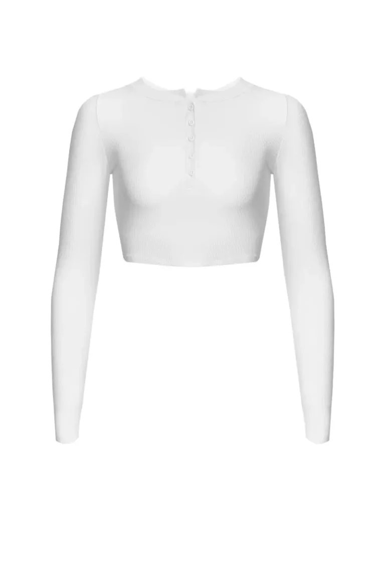White Flaxseed for Everone - Believe in Yourself button-front crop top featuring ribbed texture and long sleeves with comfortable fitted design