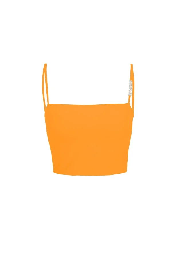 Orange shining bra top with decorative rhinestone shoulder straps