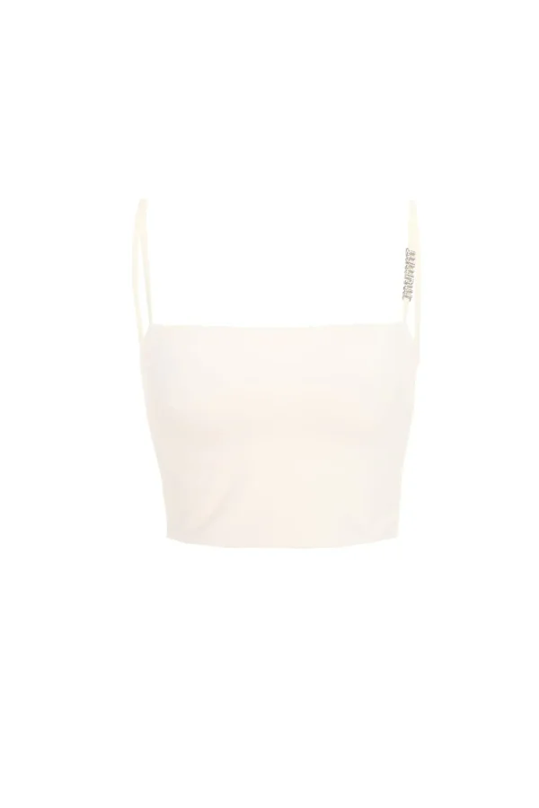 White shining bra top with decorative rhinestone shoulder straps