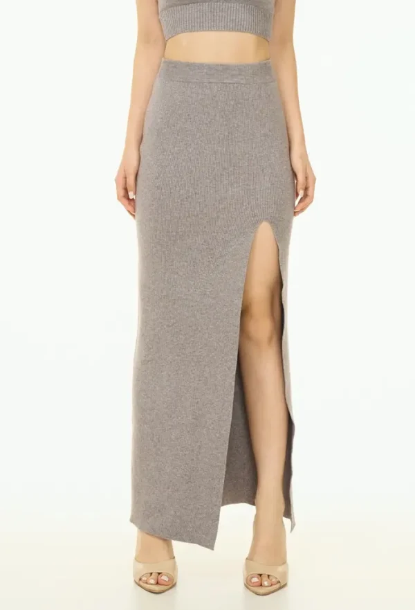 Front view of model wearing Good Days Knit Skirts in grey showcasing long length with thigh-high slit and coordinated crop top