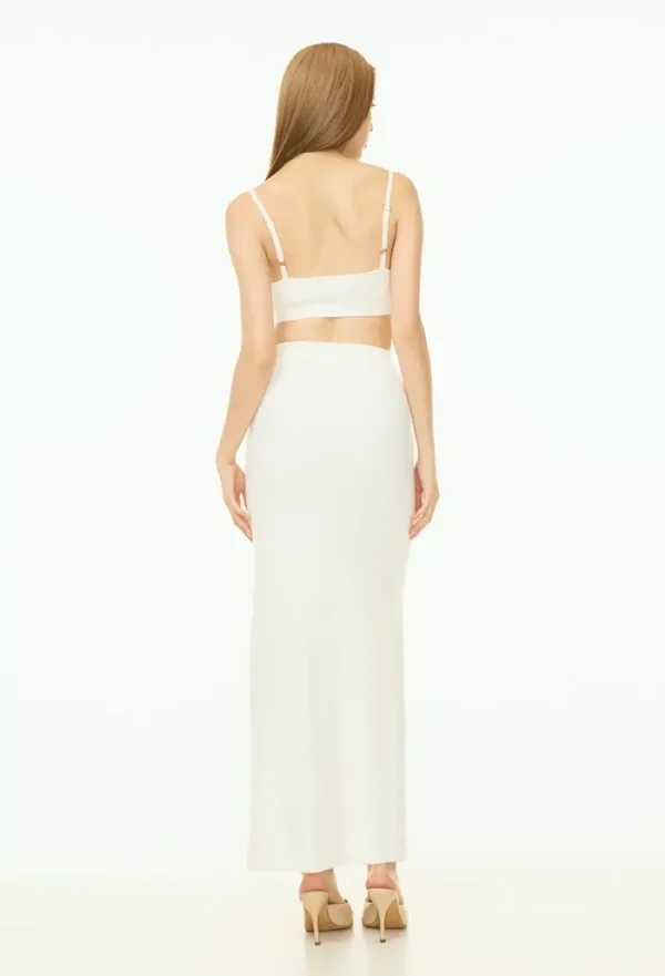 Back view of white Good Days Knit Skirts revealing fitted silhouette with ribbed knit construction and maxi length